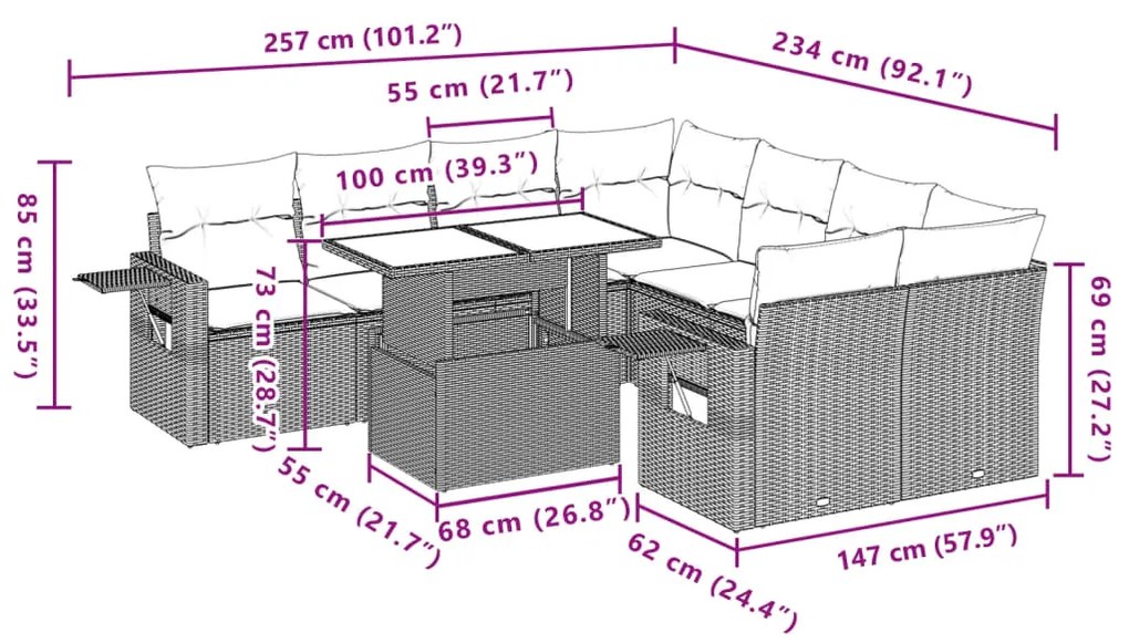 9 pcs conjunto sofás p/ jardim com almofadões vime PE cinzento