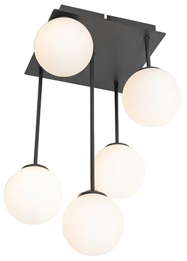 Candeeiro de teto moderno preto com vidro opalino 5 luzes - Athens Moderno