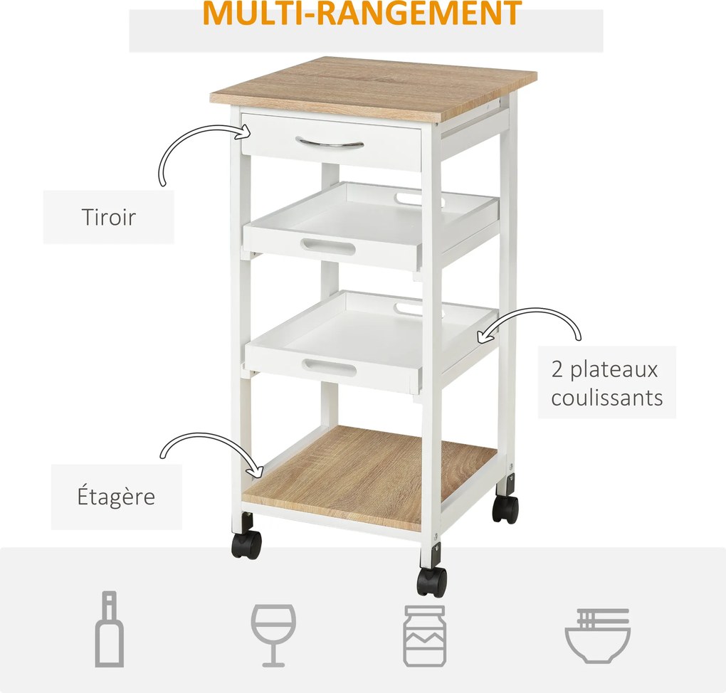 Carrinho de serviço de cozinha com rodas, 2 tabuleiros removíveis, gaveta e prateleira em carvalho claro e pinho branco