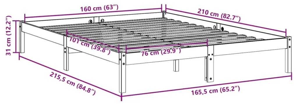 Cama extra longa sem colchão 160x210 cm pinho maciço branco