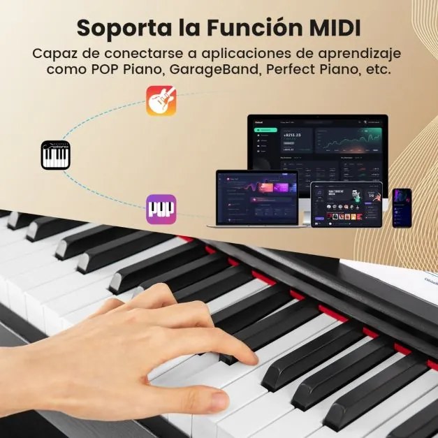 Piano digital vertical de 88 teclas com ação de martelo e teclas de tamanho completo, 3 pedais, altifalantes duplos e função de gravação, ligação para