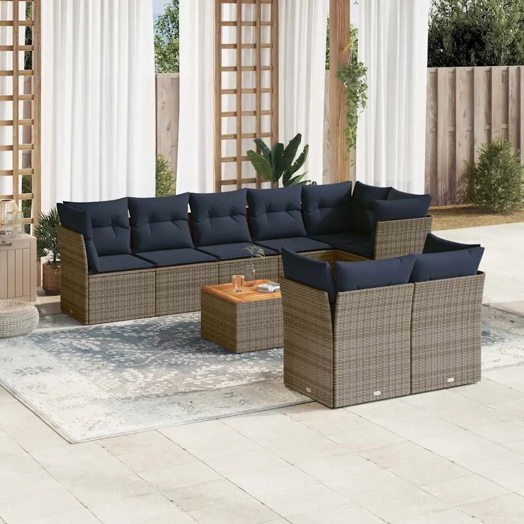 vidaXL 9 pcs conjunto sofás p/ jardim c/ almofadões vime PE cinzento
