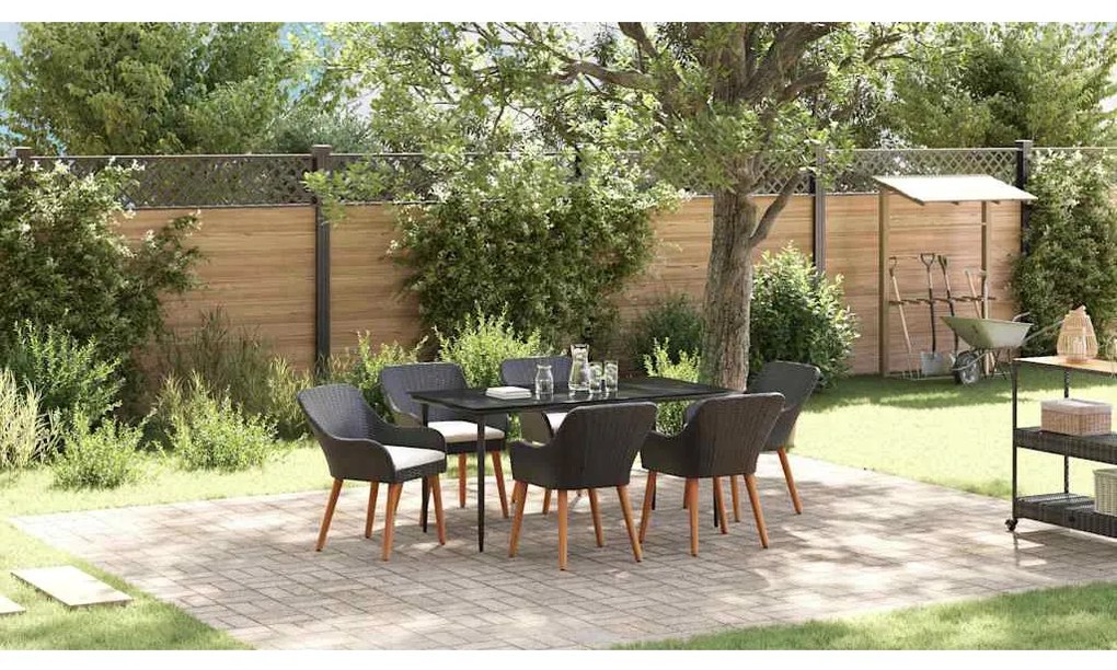 Conjunto de Jantar de Jardim 7 Peças Preto de Rattan Sintético