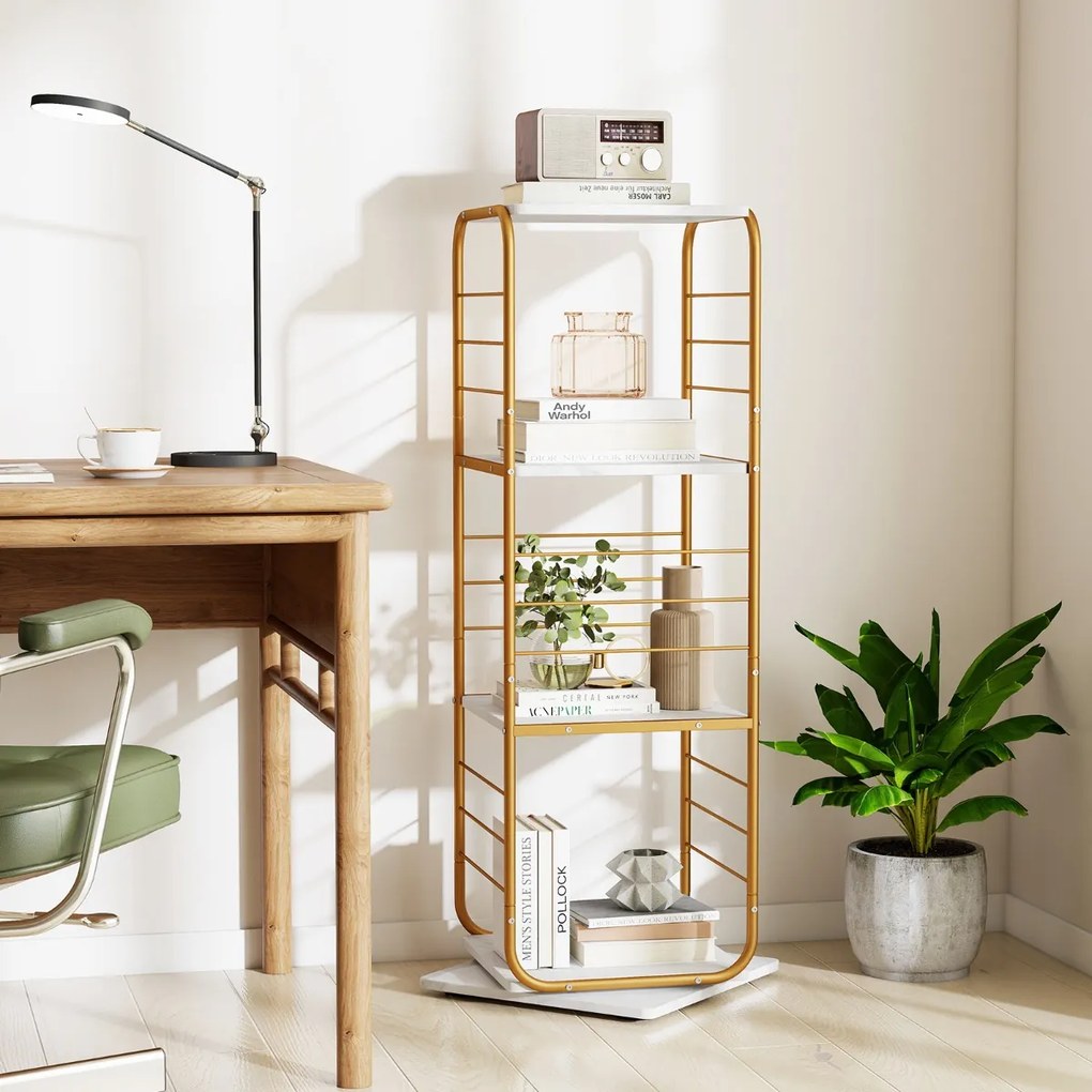 Estante giratória de 4 níveis Torre 360° com estrutura metálica 40 x 40 x 115 cm economiza espaço de canto para escritório, casa, sala, branca+Dourada