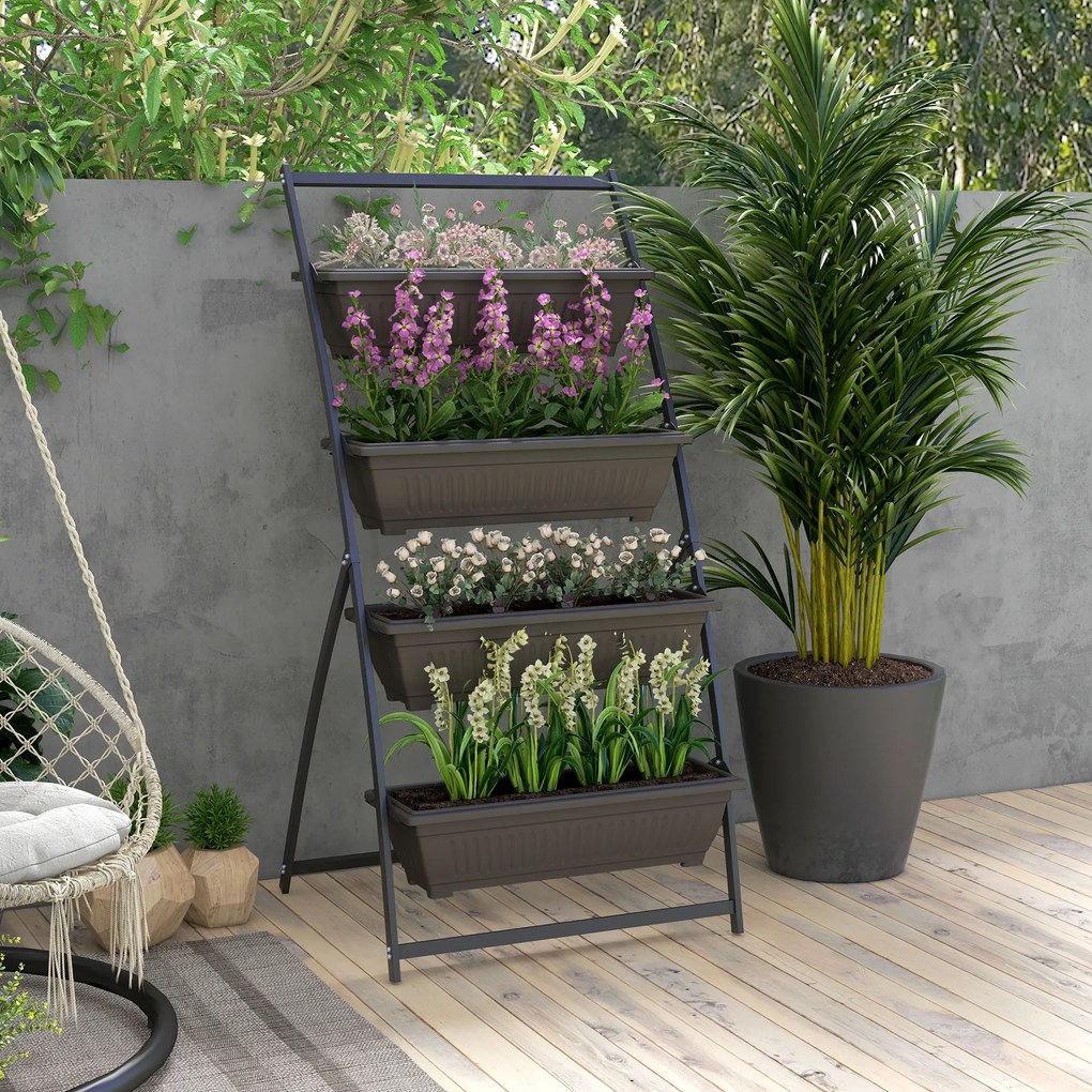 Prateleira para flores em aço com 4 níveis 76 x 79 x 162 cm, suporte vertical para plantas com 4 vasos e orifícios de drenagem, castanho