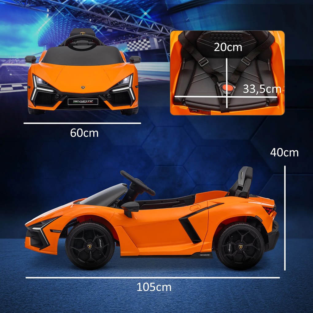 Carro Elétrico para Crianças Carro Lamborghini Revuelto com Bateria 12V Faróis LED e Música 105x60x40 cm Laranja