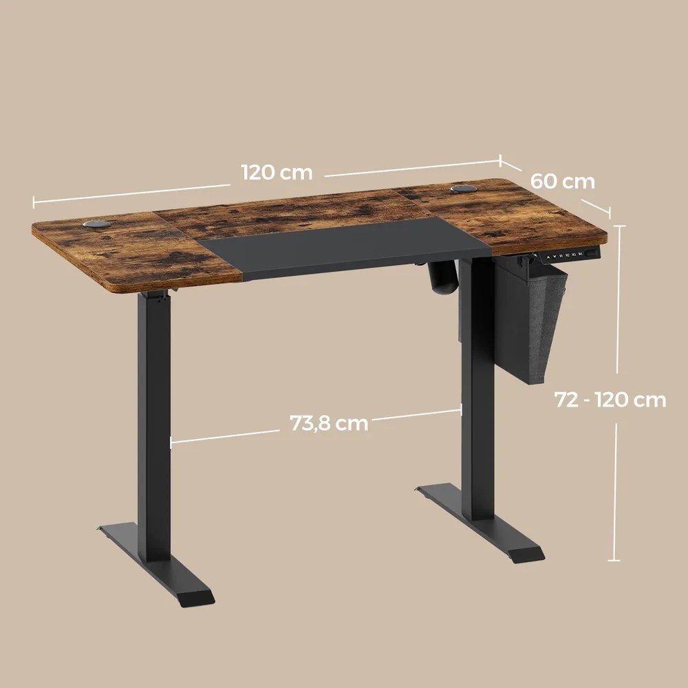 Secretária elétrica com altura ajustável 60,1 x 120,1 x (72,1-120,1) cm castanho vintage-preto