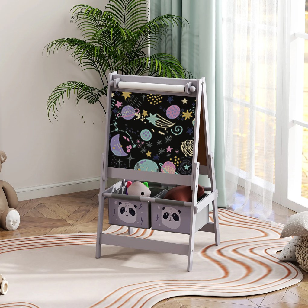 Quadro de cavalete infantil com ardósia de dupla face, quadro para giz, rolo de papel, 2 cestos, 54 x 46,5 x 93 cm, cinzento