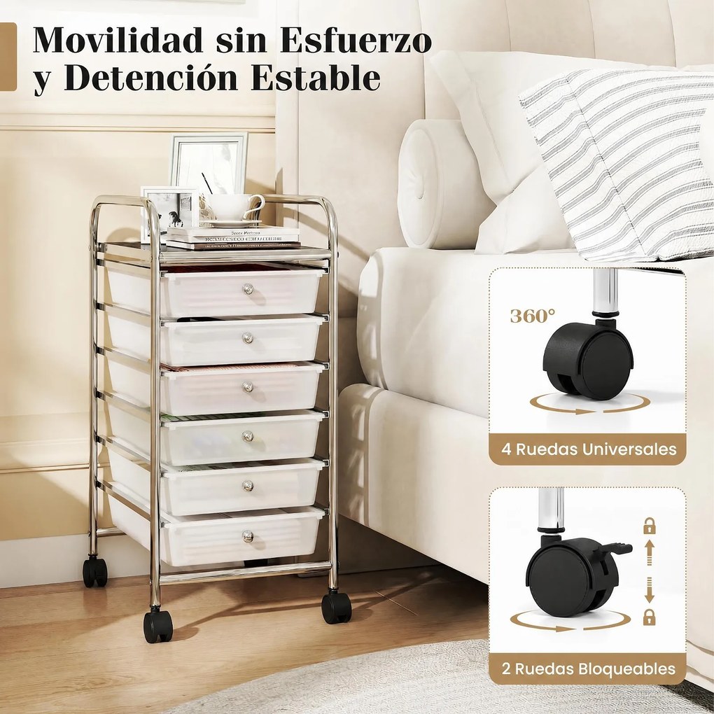 Carrinho de Armazenamento com 6 Gavetas, 33 x 38 x 66 cm, Rodas Giratórias com Travão, Branco