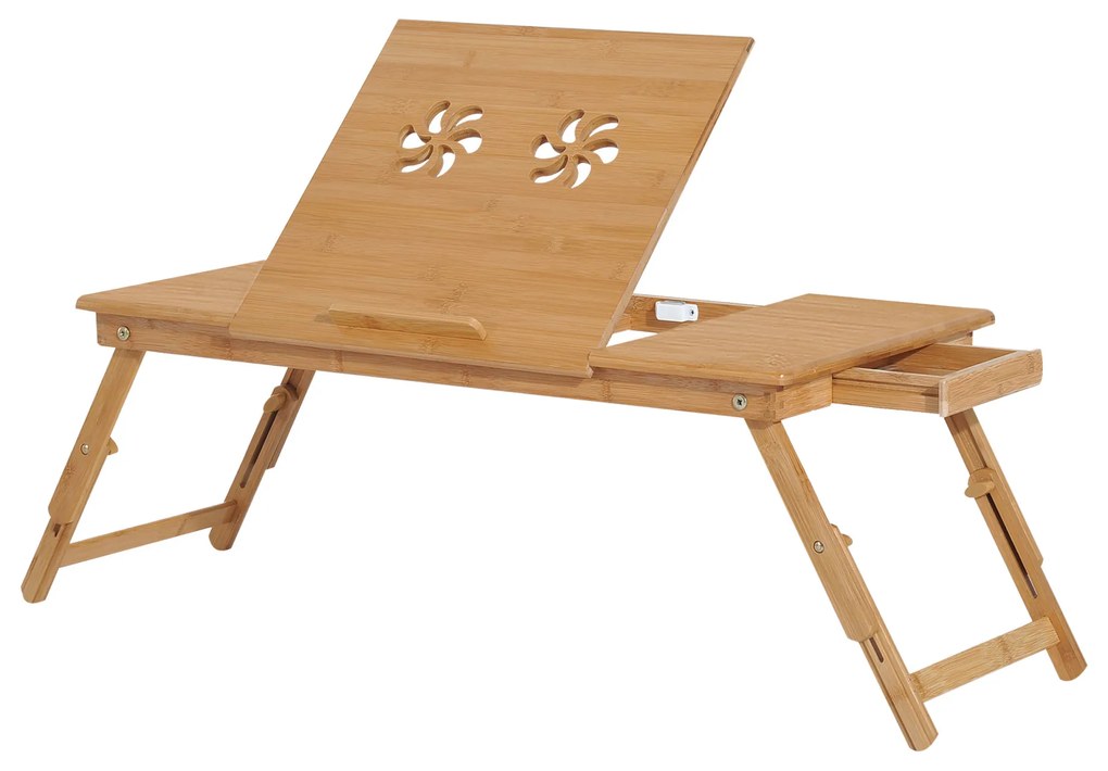 HOMCOM Mesa Computador Portátil Bambu Dobrável Reclinável Altura Ajustável Mesa Auxiliar 1 Gaveta 72x35x22-30 cm Madeira Prática | Aosom Portugal