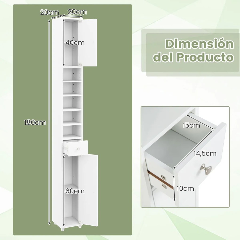 Armário de casa de banho alto e estreito com gaveta e 5 armarios ajustáveis 20 x 20 x 180 cm Branco