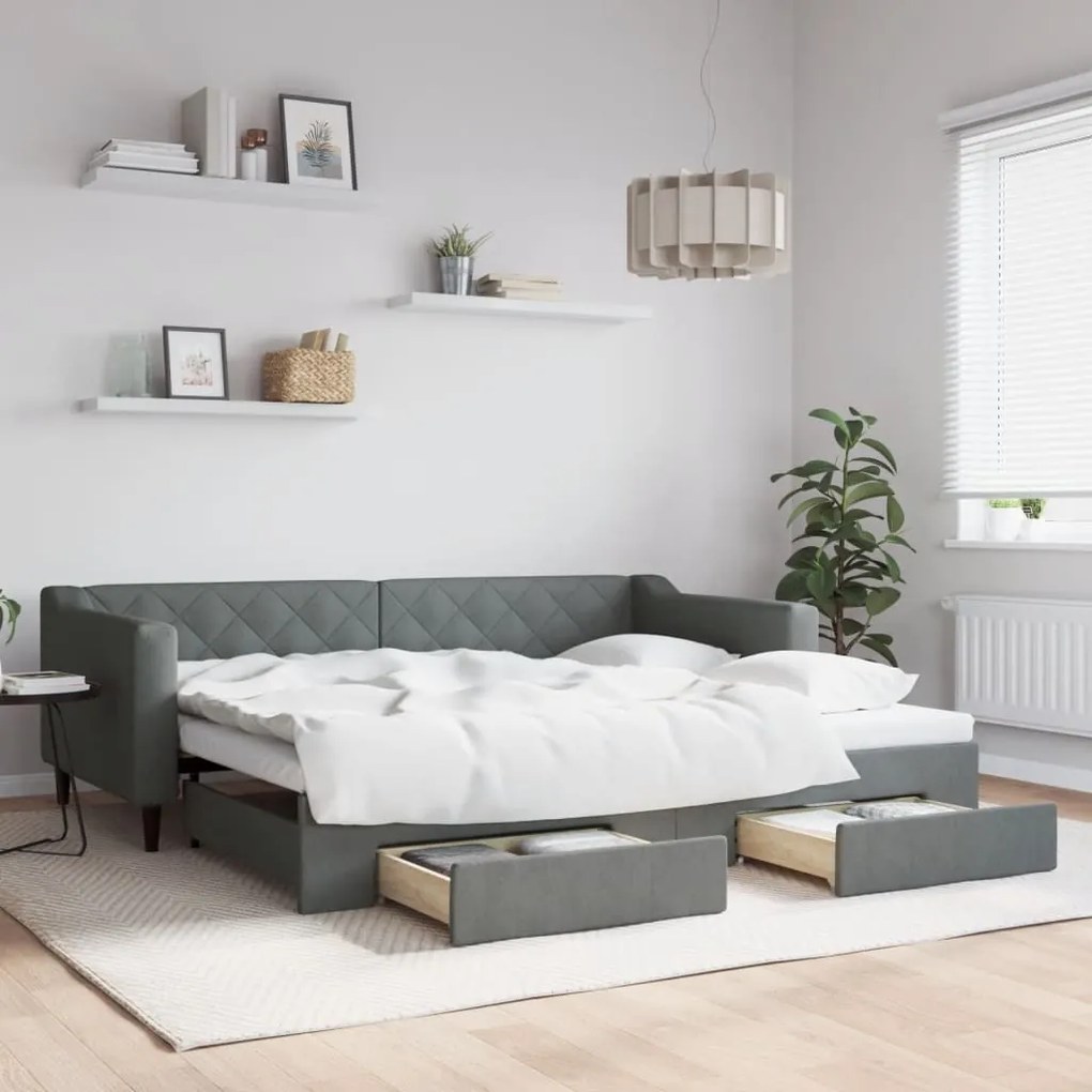 vidaXL Sofá-cama c/ gavetão e gavetas 90x200 cm tecido cinzento-escuro