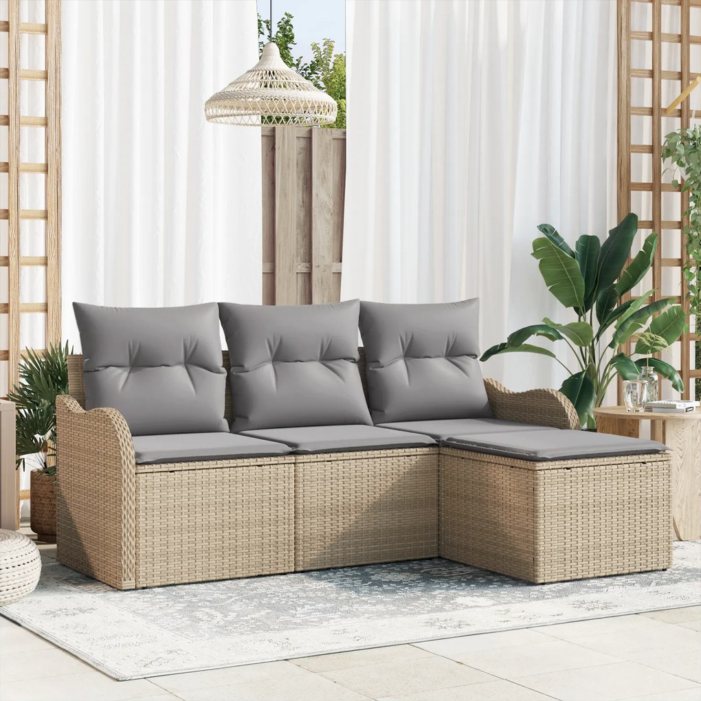 Conjunto de Sofá de Jardim vidaXL 4 Peças com Almofadas Bege Rattan de Polietileno