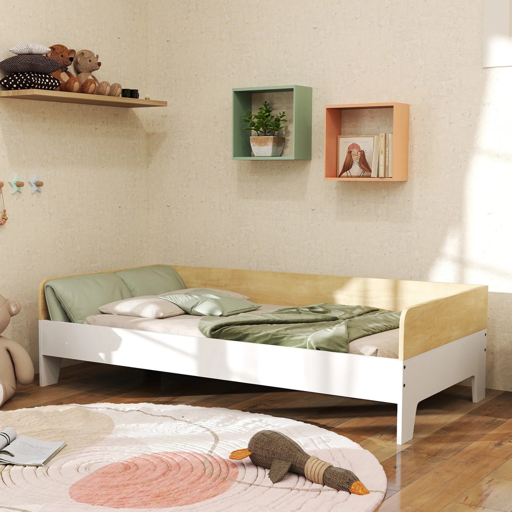 Cama infantil com base de ripas e painéis laterais altos, design baixo em madeira, 143,5 x 74 x 40 cm, branca