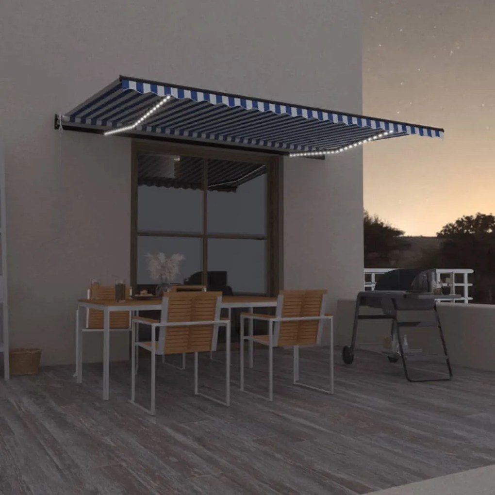 Toldo automático LED e sensor de vento 500x300 cm azul e branco