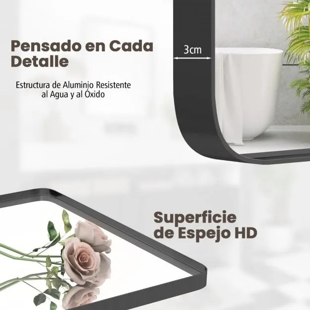 Espelho de casa de banho de parede retangular de 76,5 cm com película anti-explosão e moldura em aço inoxidável de canto redondo