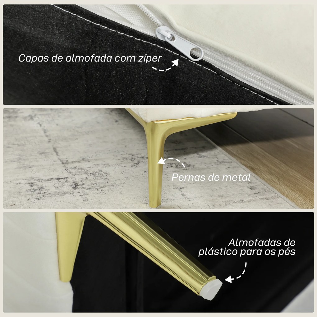 Sofá de 3 Lugares de 181 cm Estofado em Veludo com Almofadas Espessas Pernas de Metal Branco Creme