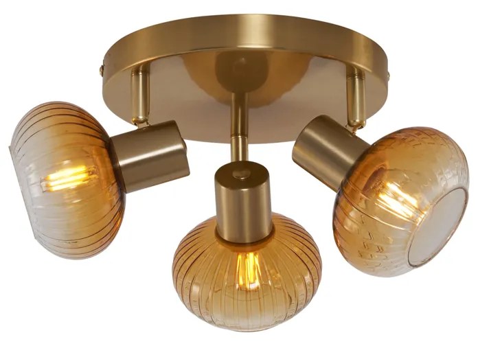 Candeeiro de Teto Moderno Dourado com Vidro Âmbar Redondo 3 Luzes - Teddy