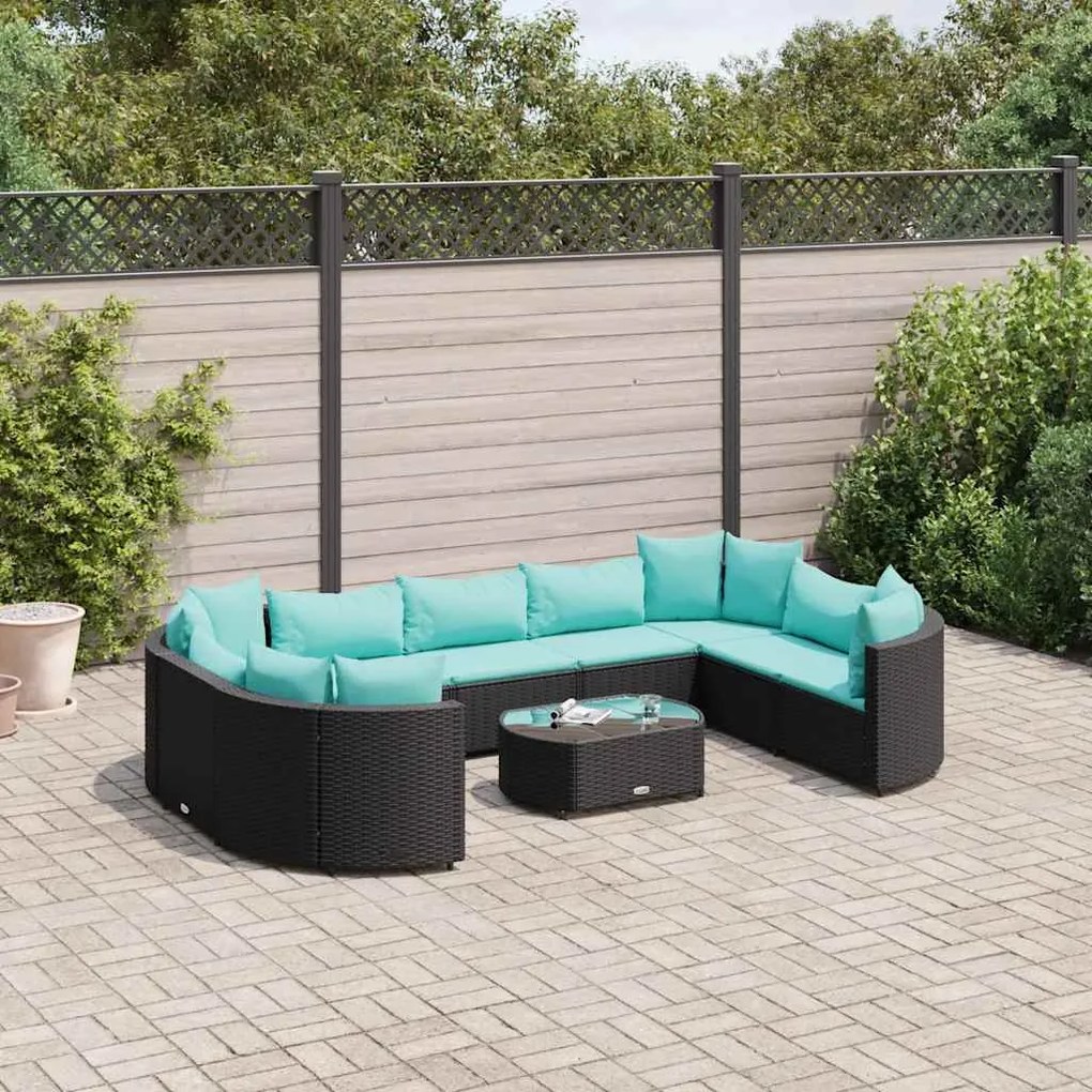 10 pcs conjunto sofás de jardim c/ almofadões vime PE preto