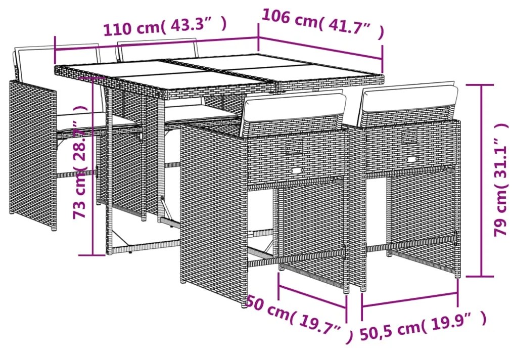 5 pcs conjunto de jantar p/ jardim com almofadões vime PE bege