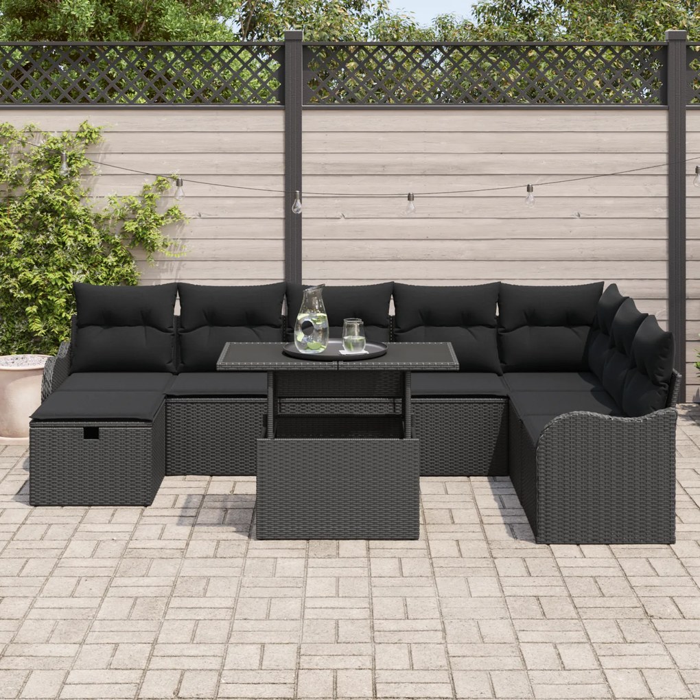 Conjunto de Sofá de Jardim vidaXL com Almofadas Preto Rattan Poliéster