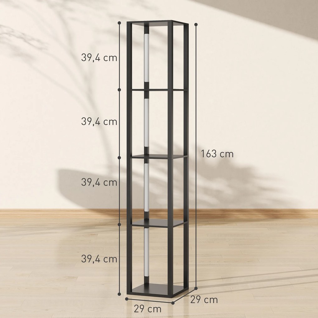 Candeeiro de pé com prateleiras de 4 níveis, LED regulável 29 x 29 x 163 cm,  interruptor de pé para sala, quarto ou escritório, preto