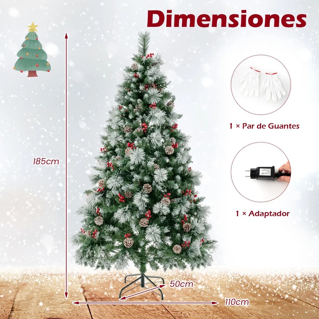 Árvore de Natal pré-iluminada de 185 cm com 747 pontas de ramos, 350 luzes LED, 55 pinhas e 55 bagas vermelhas