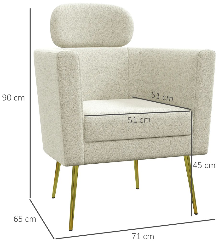 Poltrona Sala de Estar Individual Estofada com Apoio para a Cabeça e Pés de Metal 71x65x90 cm Creme