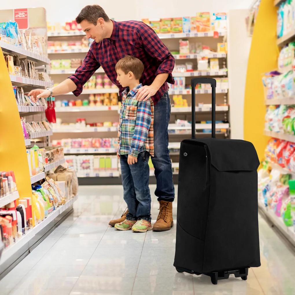 Carrinho de compras portátil dobrável com saco amovível 4 Rodas flexíveis em ABS para transporte de bagagem de viagem preto
