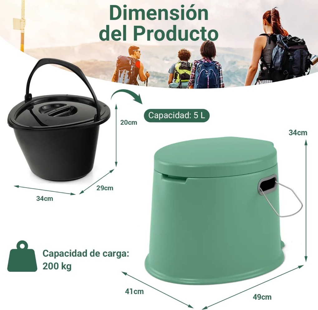 Sanita portátil 5 L para campimo 41 x 49 x 34 cm com tampa e cubo interno removível, WC portátil para viagens ao ar livre Verde
