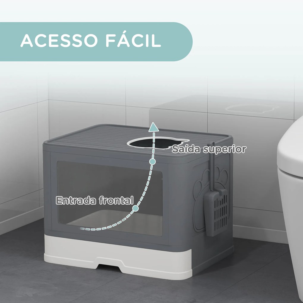 Caixa de Areia para Gatos Amovível com Pá Escova 2 Portas Entrada Principal e Saída Superior 48,5x38x36,5 cm Cinza