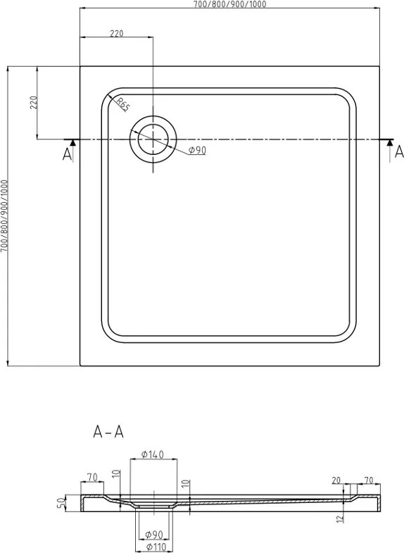 Mexen Flat base de duche quadrada slim 90 x 90 cm, branca, sifão cromado - 40109090