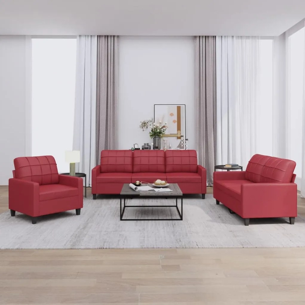 vidaXL 3 pcs conjunto sofás c/ almofadões couro artif. vermelho tinto