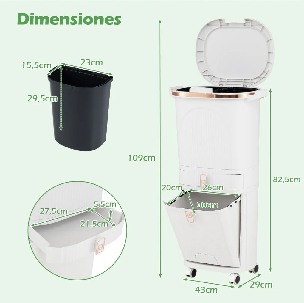 Caixote do lixo 43 x 29 x 82,5 cm para cozinha 42 L com gaveta e 2 cubos removíveis com Pedal e Rodas Branco