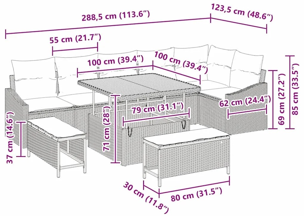 Conjunto de Sofás de Jardim com 9 Peças com Almofadas Cinza Vime Sinté