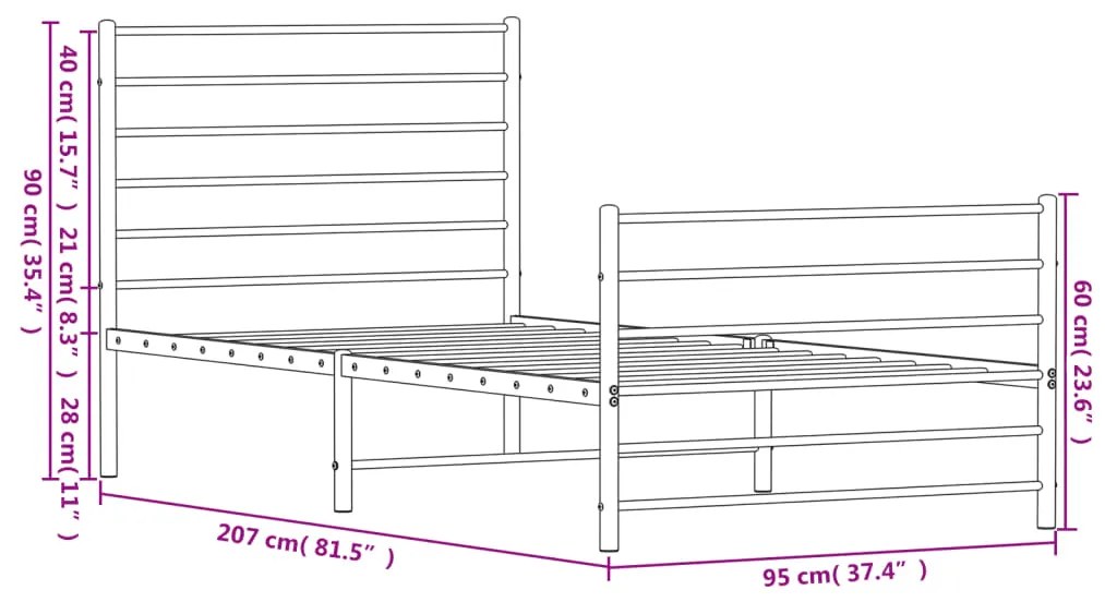 Estrutura de cama com cabeceira e pés 90x200 cm metal preto