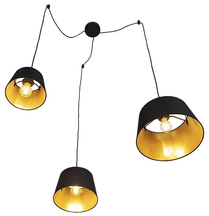 Candeeiro de suspensão com 3 cúpulas de algodão preto e dourado - Cava Clássico / Antigo