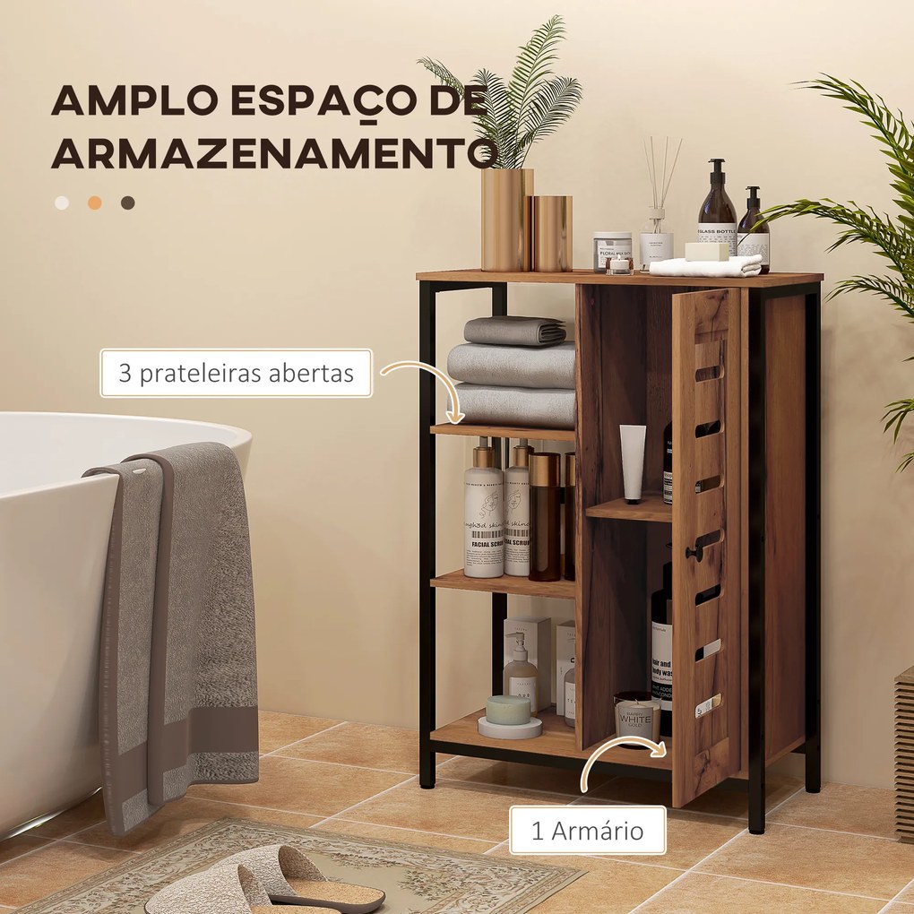 Móvel Auxiliar Casa de Banho com Porta de Ripas 3 Compartimentos Abertos Prateleira Ajustável 60x30x85 cm Castanho Rústico