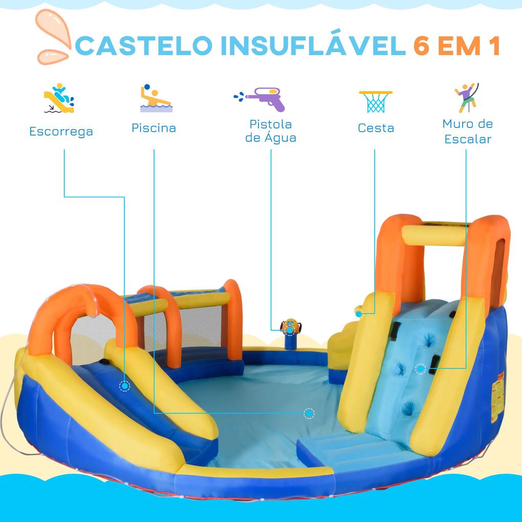 Castelo Insuflável com Escorrega Castelo para Crianças de 3-8 Anos com Cesta de Basquetebol Piscina Insuflador de 750W e Bolsa de Transporte 435x435x2