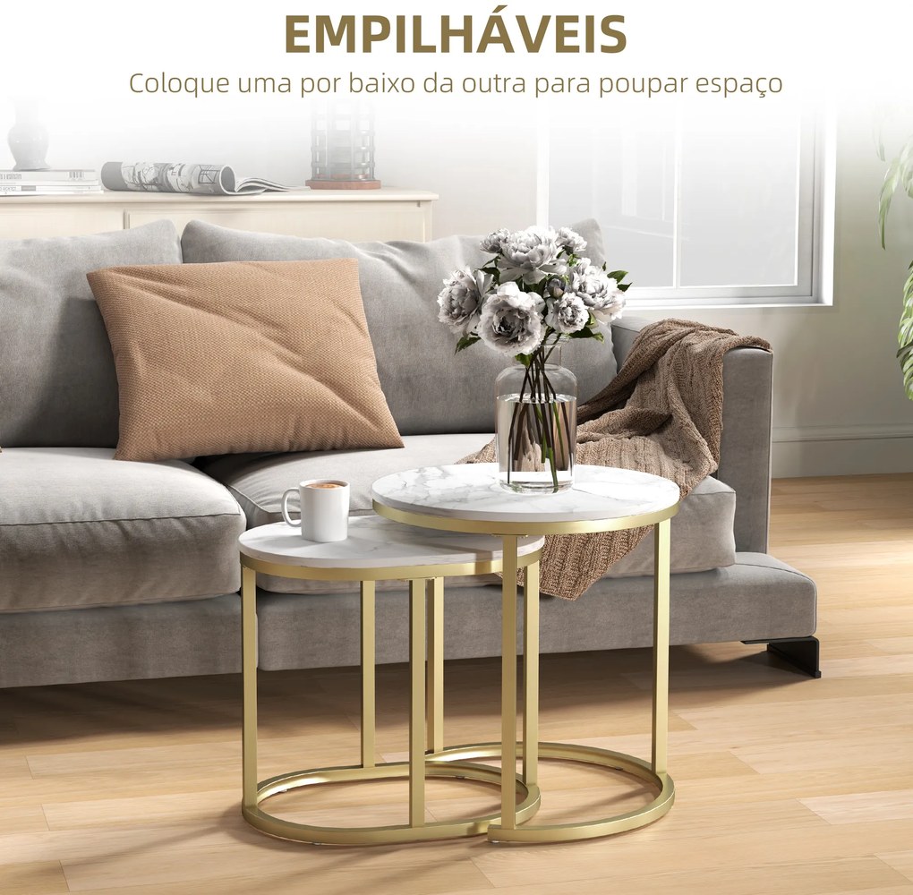 Conjunto de 2 Mesas de Centro Mesas Auxiliares Modernas com Bancada de Efeito Mármore e Estrutura de Aço para Sala Quarto Dourado