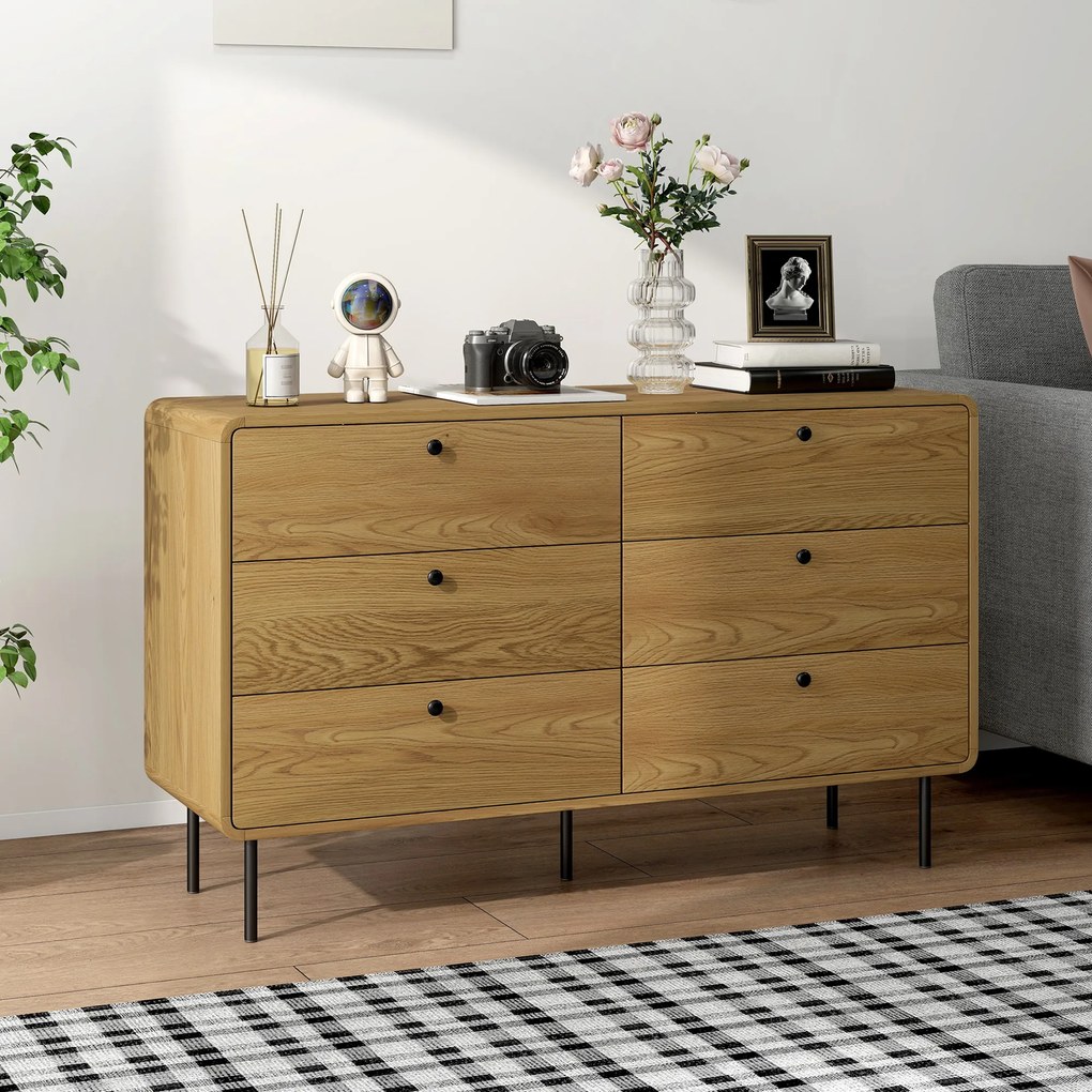 Cómoda com 6 gavetas, móvel de arrumação de estilo moderno, com cantos arredondados e pés em aço, 120 x 40 x 75 cm, com efeito de madeira de carvalho