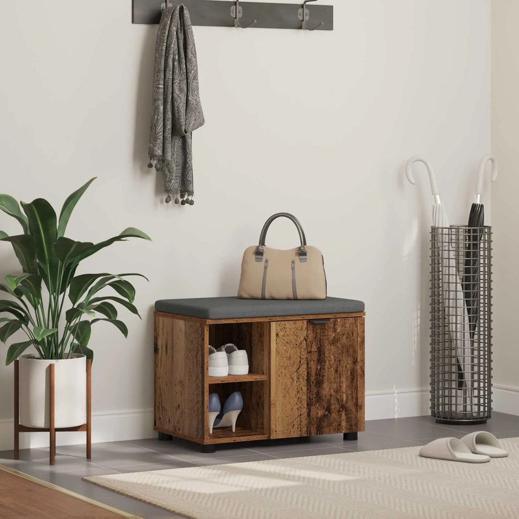 vidaXL Banco de Hall com almofada Liso Madeira antiga 60 x 38 x 46 cm