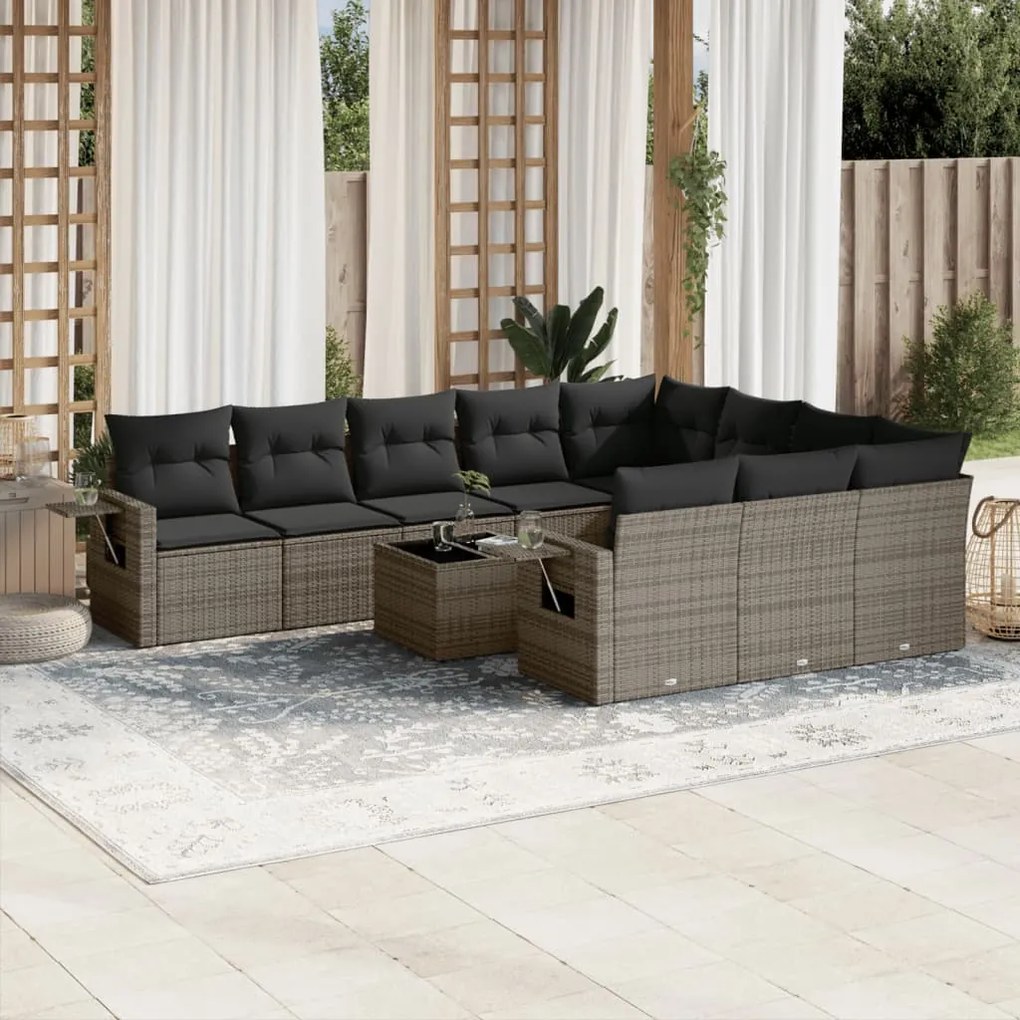 11 pcs conjunto sofás de jardim c/ almofadões vime PE cinzento