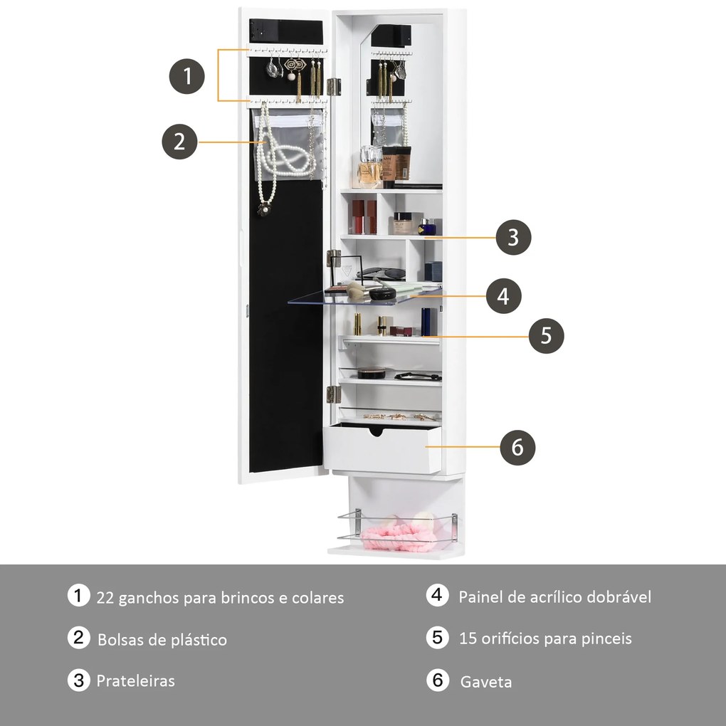 HOMCOM Espelho com Móvel de Bijuterias de Parede ou Porta Armário Guarda Jóias com 18 Luzes LED Altura Ajustável e Prateleira Aberta Organizador de Jóias 31,7x13,4x130cm Branco