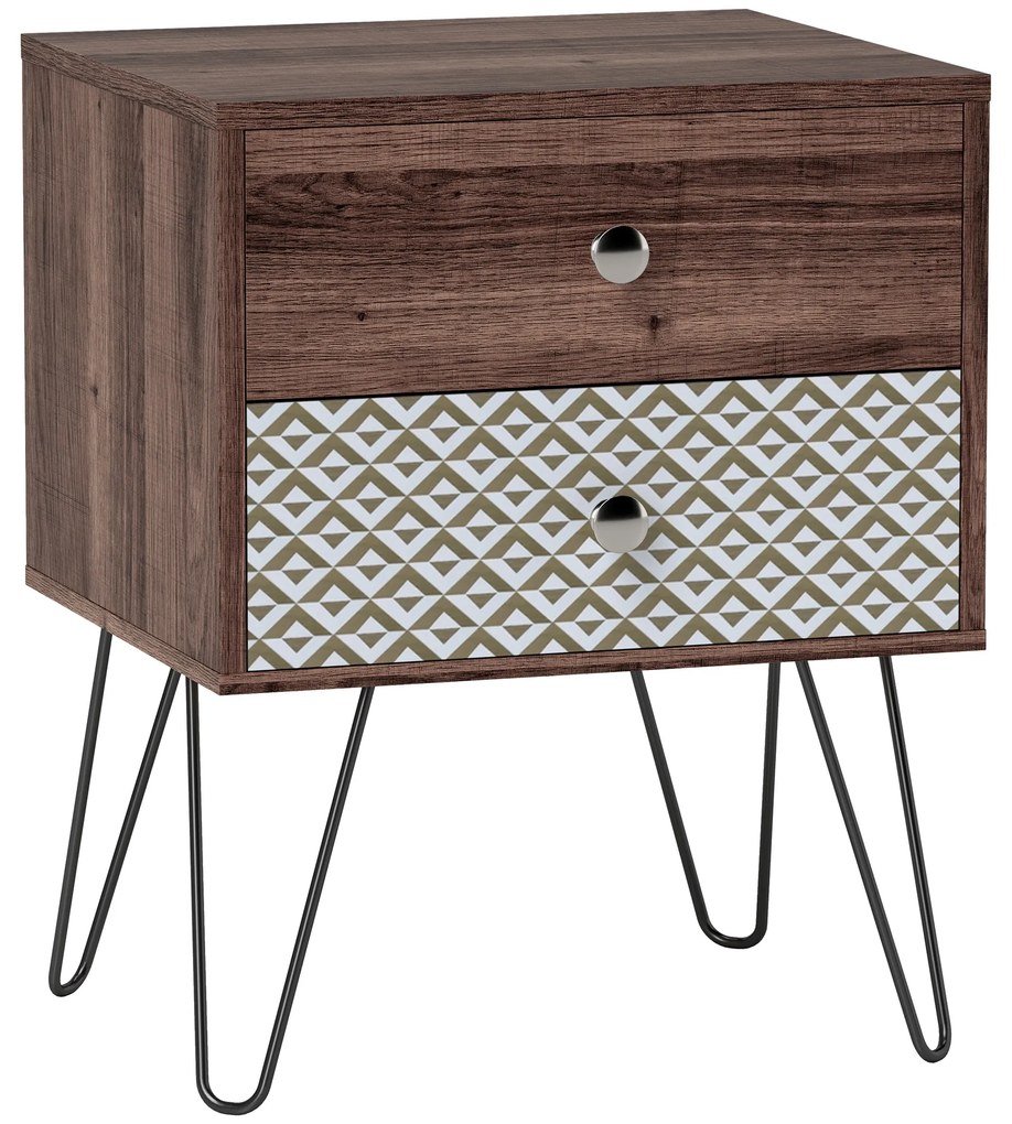 Mesa de Cabeceira com 2 Gavetas Pés de Aço Estilo Boémio Mesa de Cabeceira para Quarto Sala de Estar 45x39x55,5 cm Castanho