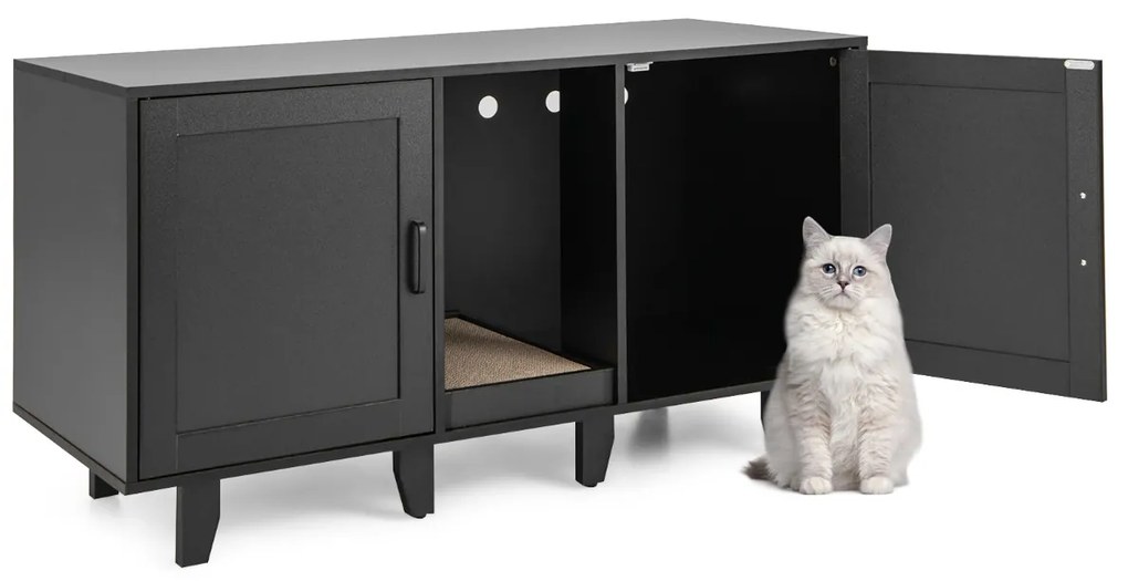 Móvel para gatos para Caixa areia (Não incluida), prancha a para arranhar e patas de madeira removíveis 120 x 52 x 65 cm Preto