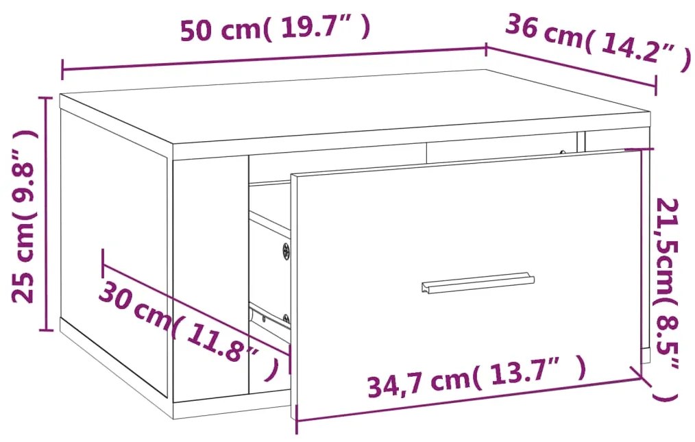 Mesa de cabeceira de parede 50x36x25 cm branco brilhante