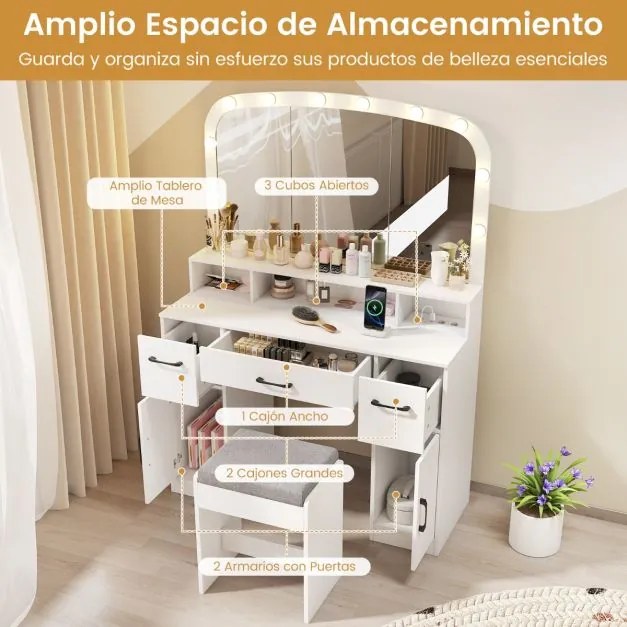 Toucador com espelho e luzes 108 x 40 x 149 cm com banco e Estação de carregamento 3 cores de luz 3 gavetas 2 armarios para quarto Branco