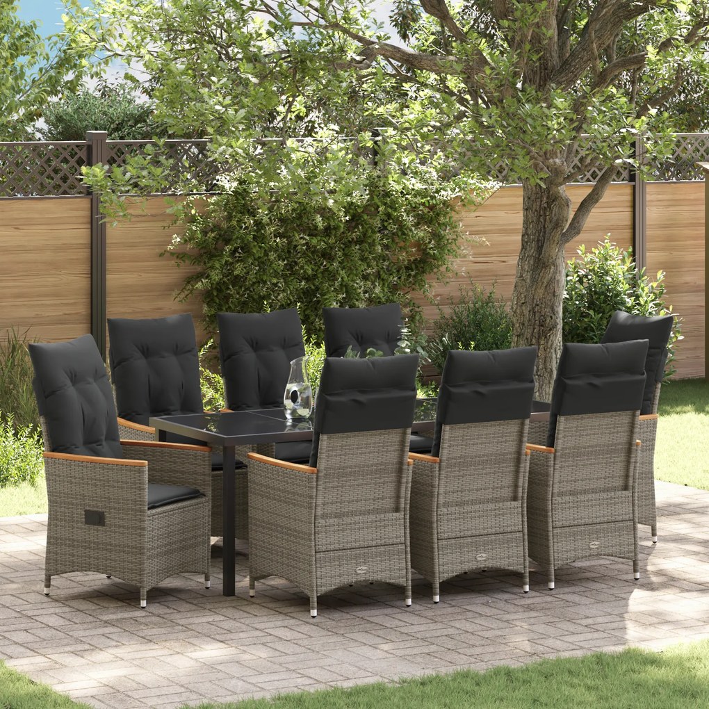Conjunto de Jantar de Jardim 9 Peças com Almofadas Cinza Rattan Poli