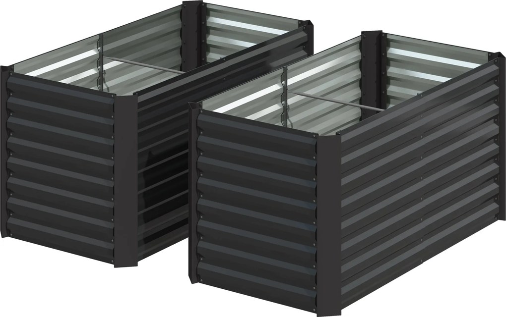 Conjunto de 2 floreiras 120 x 60 x 60 cm elevadas para hortas, com estrutura em aço galvanizado e fundo aberto, cinzento escuro